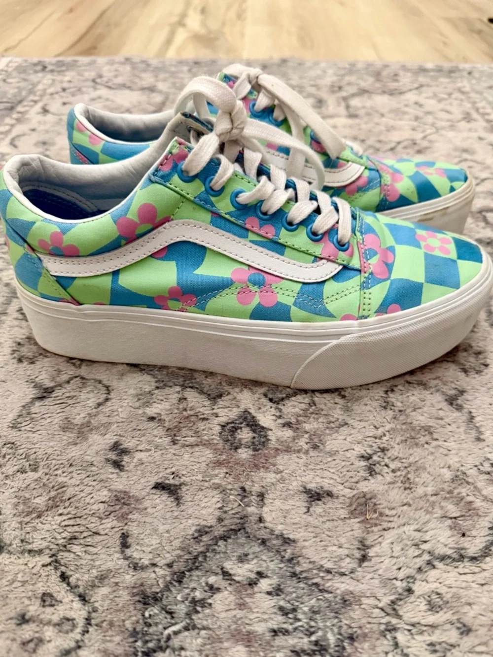 Vans Floral Checkerboard Platform Sneakers in Blue, Green & Pink - Picture 3 of 4